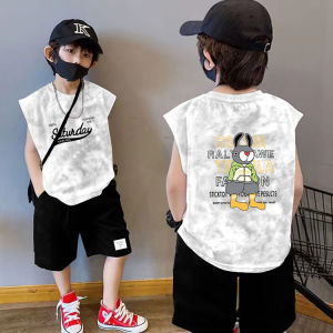 Tie-Dye Cartoon Vest Summer New Style Boys Sleeveless Fashionable T-Shirt Casual Pure Cotton round Neck Short Dress for Kids