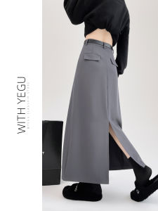 Gray Asymmetric Suit Skirt Womens Mid-Length High Waist A-Line Straight Skirt Small Size Elegant One-Step Wrap Skirt