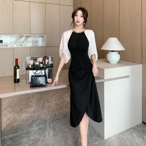 เดรส คลุมเข่า แบบแปลก สำหรับผู้หญิง เนื้อเข้ารูป ครึ่ง แขนคอกลม โซ่ฝรั่ง เศส สง่างาม แฟชั่น ไม่เหมือน เอวสูง