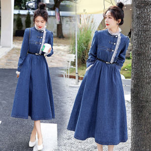 Anti-Aging Elegant Mid Length Long Length Lace Denim Shirt Dress Womens Fall and Winter New Arrival Large Size Belly Contraction Figure Flattering Suspender Skirt