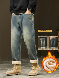 Retro Loose Winter Fleece Jeans Mens Warm Thicken Fashion Casual Denim Pants Comfortable Plush Velvet Thermal Male Trousers