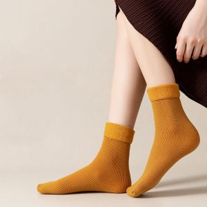 Cashmere Snow Socks Warm Plus Velvet Thickened Cotton Socks Womens Solid Color Mid-Calf Floor Socks