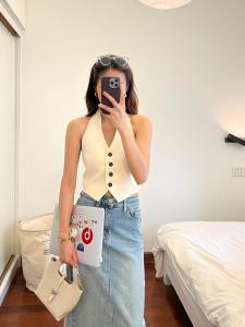 Womens V-Neck Small Size Western Blazer Vest Summer Thin Style Open Back Short Length Sleeveless Top for 25-29 Birthday Party