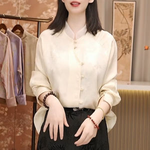 Silk Embroidered Stand Collar Long Sleeve Shirt Chinese National Style Womens Fashion Retro Commute Style Straight Tube Shirt