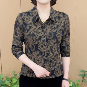 Fashionable Long Sleeve T-Shirt Autumn New Style Slim Fit Shirt Collar Print Design Elegant Thinming Age Reducing Top for Women