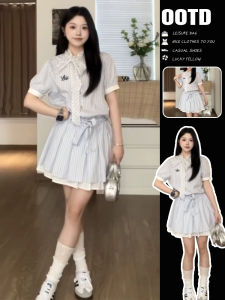 Itawina | Summer Stripe Shirt Dress Womens Light Maturity Unique Short Skirt Bubble Sleeve High Waist Polyester Fiber Round Neck A-Line Skirt