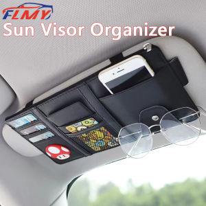 Car sun visor storage bag multi-function car card holder drivers license document bill leather storage card bag car glasses clip car organizer