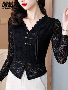 New Chinese Style V-Neck Lace Base Shirt Womens T-Shirt Slim Fit Button up Top Korean Version Pure Color Long Sleeve