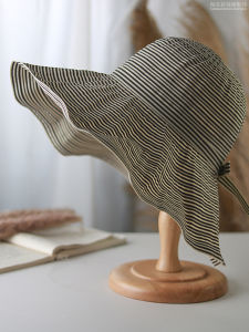 Fashionable Wide Brim Sun Hat Womens Striped Face Covering Slimming Summer Outdoor Travel Cap Elegant Butterfly Knot Design