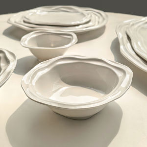 French Wave Pattern Ceramic Bowls - 4 inch 6 inch 8 inch Tableware Bowls for Home Use Breakfast Oatmeal Dessert