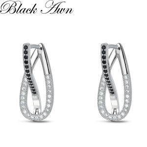 Black Awn 2026 New Hoop Earrings for Women Classic Silver Color Trendy Spinel Engagement Jewelry I336