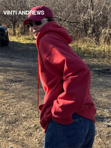 Fleece Lined Hooded Winter Jacket Loose Fit Red