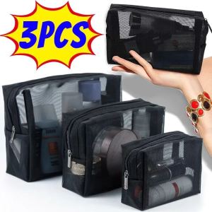 3pcs Transparent Black Mesh Zipper Cosmetic Bag / Women Waterproof Hand-held Makeup Bags / Travel Portable Toiletries Storage Bag / Toiletry Organizer Zipper Pencil Pouch