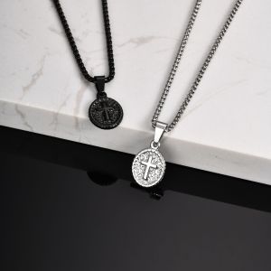 Kemstone Stainless Steel Vintage Cross Oval Pendant Necklace for Men Black & Silver