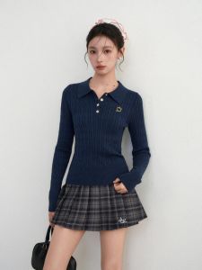 BAIDAIFEI | Navy Slim Fit Polo Neck Long Sleeve Knit Sweater