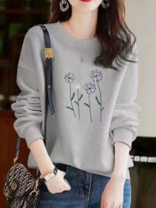 Loose Long Sleeve Sweatshirt Artistic Large Size Womens Autumn Winter Casual round Neck Plant Floral Print Comfortable Fit