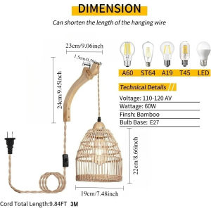 Plug in Wall Lamp Hand Woven Lamp with Cord Rattan Lights Farmhouse Sconce Mounted Light Boho Lighting for Bedroom Living Room