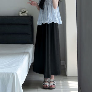 กางเกงกระโปรงผ้าไหมน้ำแข็งสำหรับผู้หญิง ฤดูร้อน 2025 ใหม่ กระโปรงยาวครึ่งตัวบาง สีดำ ลำลอง ไซส์ใหญ่ กางเกงขายาวขากว้าง