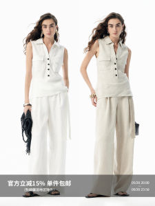 Thoransaura Womens Summer Fashion Set Wide Leg Pants Sleeveless Top Two-Piece Set Linen Material Long Polo Collar Elegant