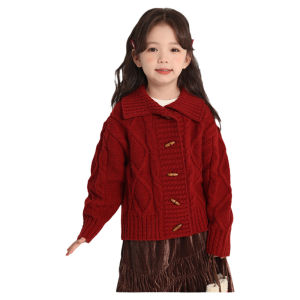 Áo Len Dệt Kim Dày Màu Đỏ Cho Bé Gái Áo Khoác Cardigan Cho Bé Gái Mùa Thu Đông Áo Khoác Ngoài Cho Trẻ Em Quần Áo Trẻ Em