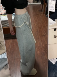 กางเกงขายาวทรงหลวมเอวสูงสีเทาสำหรับผู้หญิง กางเกงขายาวทรงลำลองสไตล์อเมริกันสตรีท ทรงหลวม กางเกงขายาวทรงลำลองสำหรับออกกำลังกาย