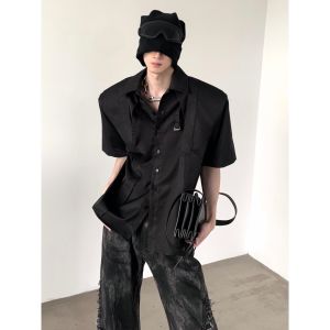Shoulder Pad Shirt Mens Black Short Sleeve Casual Fashion Summer Shirt Trendy Handsome Style Breathable Composite Fabric