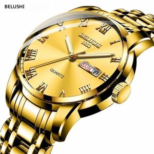 BELUSHI นาฬิกาแบรนด์ชั้นนําผู้ชายควอตซ์ธุรกิจกีฬานาฬิกา Luxury Gold สแตนเลสกันน้ําวันที่นาฬิกาข้อมือ