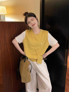 CHOEFULYN | Áo Thun Sơ Mi Giả Hai Mảnh Ôm Body Màu Đối Chọi