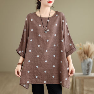 เสื้อยืดผ้าฝ้ายลินินแขนกุดไซส์ใหญ่สำหรับผู้หญิง ทรงหลวม ทรงเข้ารูป เสื้อผ้าทำงานฤดูร้อน ลายจุด คอกลม แขนยาว ความยาวปานกลาง
