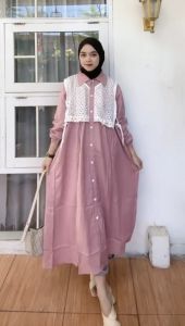 MIDI DAVIENA DRESS POLO LINEN MIX BROKAT FULL KANCING MIDI DRESS CANTIK BY KHASANAH STORE