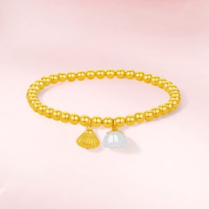 ZHOU LIU FU 周六福 24K Solid Gold Beaded Bracelets White Jade Lucky Lotus Seedpod Stretch Bracelet Gold Shell Charm Bracelet Pure Gold Jewelry for Women Wife Mom 16cm Y1913654