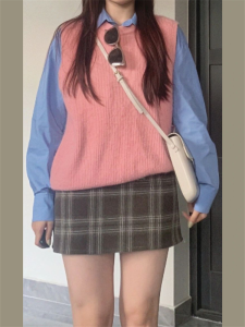 กระโปรงสั้นทรงเอเอวสูงผ้าขนสัตว์ลายสก็อตสไตล์ย้อนยุคสไตล์อเมริกันสำหรับผู้หญิงไซส์ใหญ่ สไตล์นักศึกษา