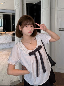 MASISI | U-neck Pleated Design Large Bow Short Sleeve Blouse