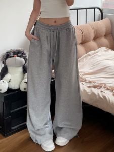 Quần Thể Thao Ống Rộng Cạp Cao Màu Xám Phong Cách Mỹ Cho Nữ Xuân Thu 2025 Quần Nỉ Ống Đứng Rộng Rãi Mới