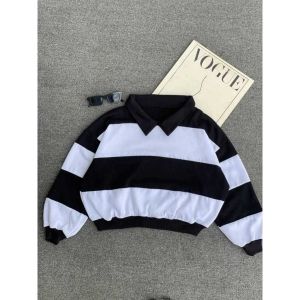 Sweater Crope Combi Strip • Sweater Kerah crope wanita combinasi trbaru