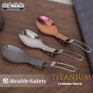 TiTo Titanium Folding Spork Lightweight Outdoor Dinner Spork Flatware for Travel Camping Backpacking