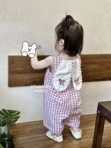 Dễ Thương Kẻ Caro Yếm Tai Thỏ Quần Yếm Dành Cho Bé Gái Mùa Hè Thoải Mái Cộc Tay Không Tay Em Bé Trang Phục Cotton Vải Bông Polyester Pha Sơ Sinh Đến 18 Tháng