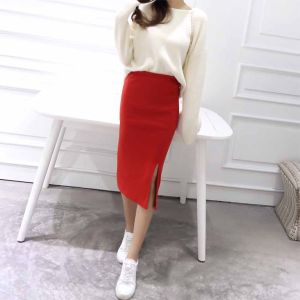Fashionable Slit Midi Skirt Ribbed Cotton Elastic Slimming Base Layer Skirt Versatile Bodycon Skirt Elegant OL Long Skirt