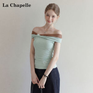 La Chapelle | Off Shoulder Knotted Color Block Spliced Slim Fit Short T-shirt