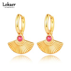 Lokaer 18K Gold Plated Fan Shape Chunky Open Hoops Earrings Blue Green White Cubic Zirconia Hoop Earrings For Women Girls E22160