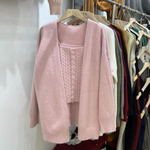 Retro Hong Kong Style Knitted Vest Womens Loose V-Neck Button-Up Sweater Set Autumn Winter Comfortable Long Sleeve Top