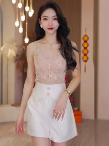 Luxurious Embroidered Diamond Beaded Vest Womens Slim Fit Base Shirt with Pad European Style Heavy Work Strap Design