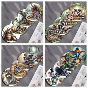 4-piece set of cute raccoon art coasters anti-slip wood coasters suitable for living rooms offices bars and restaurants