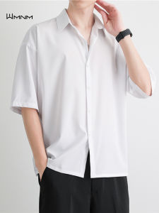 WMNM White Ice Silk Short Sleeve Shirt Mens Summer Casual Iron-Free Half Sleeve Shirt Commuting Sun Protection Top