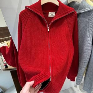 Thickened Double Zipper Knitted Open Cardigan Sweater Warm Versatile Loose Style Korean Version Long Sleeve Button Closure
