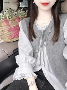 เสื้อกั๊กถักสีเทาสำหรับผู้หญิง ฤดูใบไม้ผลิและฤดูใบไม้ร่วง เสื้อกั๊กแขนกุดแบบสวมหัว ทรงหลวม สไตล์เกาหลี คอตั้ง แขนกุด