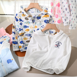Class a Childrens Pure Cotton Bamboo Rayon Hooded Jacket Thin Cardigan for Boys And Girls Summer Season Zipper Closure Cartoon Pattern