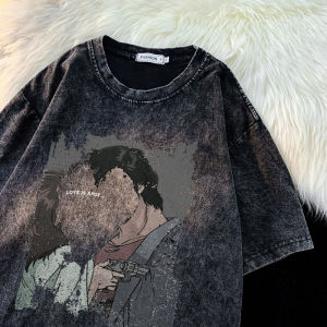 Washed Distressed Short Sleeve T-Shirt Mens Pure Cotton American Street Retro Fashion Brand Hip Hop Loose Heavy Weight Half Sleeve T-shirt