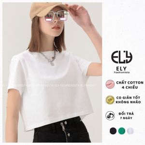 Áo Croptop Nữ Dáng Suông Kiểu Basic Cổ tròn Ngắn Tay Vải Co Giãn 4 chiều ELY214