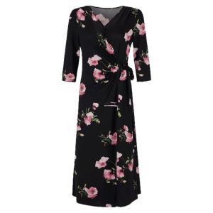 MY TENO | Elegant V-neck Printed Dress With Waist-cinching Belt And Sleeveless Design For Women By Matin Nu In Soft Polyester And Spandex